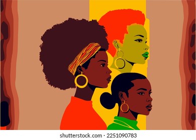 Mes de historia negra o pancarta vectorial de celebración del día de la mujer. Ilustración del Mes de la Historia Afroamericana para medios sociales, tarjeta, afiche. Arte en amarillo rojo y verde con tres mujeres negras étnicas.