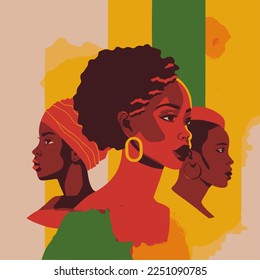 Black history month or woman's day celebration vector banner. African-American History Month illustration for social media, card, poster. Art in red yellow and green with three ethnic black women.