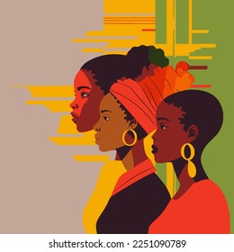 Black history month or woman's day celebration vector banner. African-American History Month illustration for social media, card, poster. Art in red yellow and green with three ethnic black women.