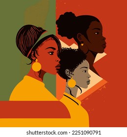 Black history month or woman's day celebration vector banner. African-American History Month illustration for social media, card, poster. Art in red yellow and green with three ethnic black women.