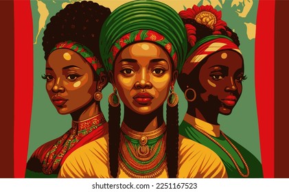 Mes de historia negra o pancarta kawaii de celebración del día de la mujer. Ilustración del Mes de la Historia Afroamericana para medios sociales, tarjeta, afiche. Arte en amarillo rojo y verde con tres mujeres negras étnicas.