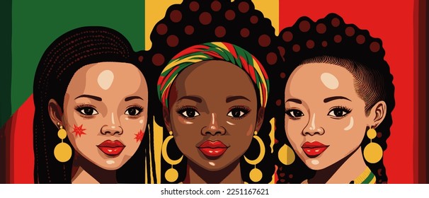 Black history month or woman's day celebration kawaii banner. African-American History Month illustration for social media, card, poster. Art in red yellow and green with three ethnic black women.