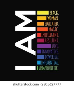 Black history T-shirt design that says 'I am a black woman, educated, magical, intelligent...'