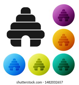 Black Hive for bees icon isolated on white background. Beehive symbol. Apiary and beekeeping. Sweet natural food. Set icons colorful circle buttons. Vector Illustration
