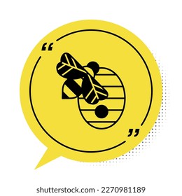 Black Hive for bees icon isolated on white background. Beehive symbol. Apiary and beekeeping. Sweet natural food. Yellow speech bubble symbol. Vector