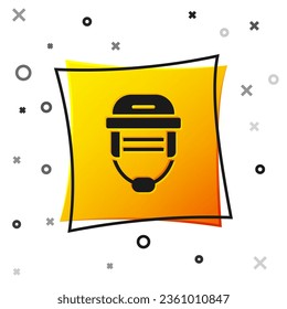 Black Hockey helmet icon isolated on white background. Yellow square button. Vector