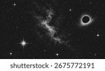 Black hole abstract background with starlight and galaxy. Grainy noise universe pattern for space and science fiction website.
