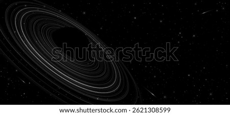 Black hole concept with ring around and starry sky. Minimalistic abstract backdrop. Concentric rings in space. Black outer space. Astronomy presentation cover. Vector illustration