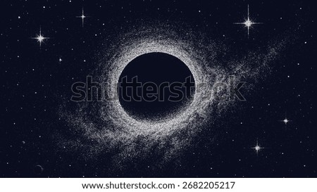 Black hole in deep space with stipple effect. Particle texture of cosmic dust and stars in universe. Abstract night sky background.