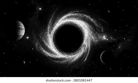 Black hole in deep space with swirling cosmic dust and orbiting planet. Surreal galaxy nebula stipple illustration with star field. Artistic vintage pointillism astronomy art style.