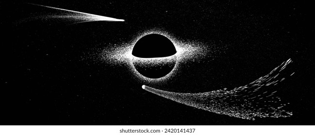 Black hole with disc of plasma eating dying star in space. Supermassive singularity in core off a galaxy, with noise texture . Event horizon .Vector illustration