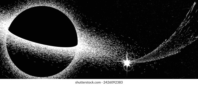 Black hole with disc of plasma eating dying star in space. Supermassive singularity in core off a galaxy, with noise texture . Event horizon .Vector illustration