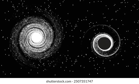 Agujero negro con disco de plasma comiendo estrella moribunda en el espacio. Singularidad supermasiva en el núcleo de una galaxia, con textura de ruido. Horizonte de eventos .Ilustración vectorial