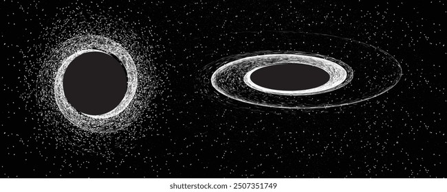 Agujero negro con disco de plasma comiendo estrella moribunda en el espacio. Singularidad supermasiva en el núcleo de una galaxia, con textura de ruido. Horizonte de eventos .Ilustración vectorial