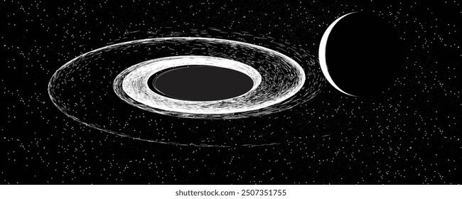 Agujero negro con disco de plasma comiendo estrella moribunda en el espacio. Singularidad supermasiva en el núcleo de una galaxia, con textura de ruido. Horizonte de eventos .Ilustración vectorial