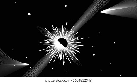 Black hole with disc of plasma eating dying star in space. Supermassive singularity in core off a galaxy, with lines . Event horizon .Vector illustration