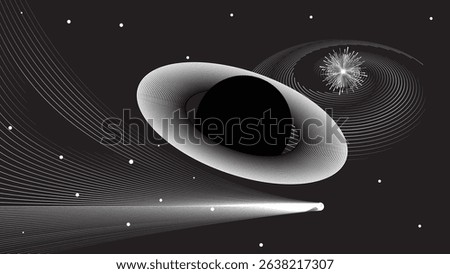 Black hole with disc of plasma eating dying star in space. Supermassive singularity in core off a galaxy, with lines . Event horizon .Vector illustration