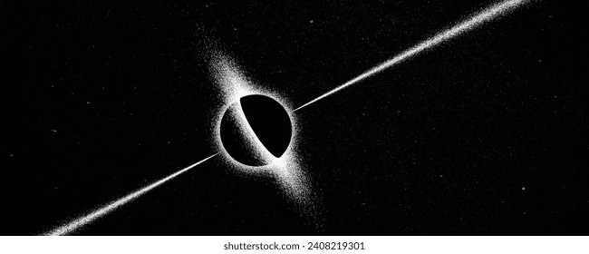 Black hole with disc of plasma and  ray burst. Supermassive singularity in core off a galaxy, with noise texture . Event horizon .Vector illustration