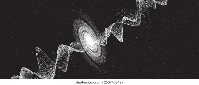 Agujero negro con disco de plasma y ráfaga de rayos. Singularidad supermasiva en el núcleo de una galaxia, con textura de ruido. Horizonte de eventos .Ilustración vectorial