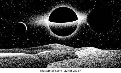 Black hole with disc of plasma  in space. Supermassive singularity in core off a galaxy, with noise texture . Event horizon .Vector illustration
