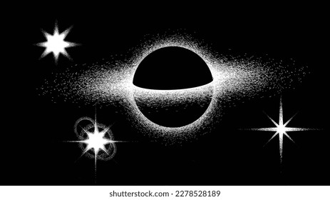 Black hole with disc of plasma  in space. Supermassive singularity in core off a galaxy, with noise texture . Event horizon .Vector illustration
