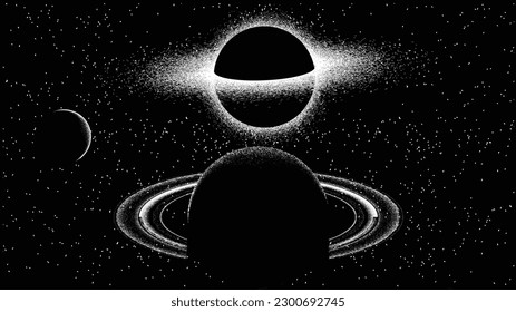 Black hole with disc of plasma  in space. Supermassive singularity in core off a galaxy, with noise texture . Event horizon .Vector illustration