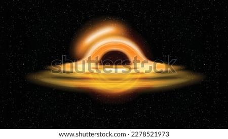 Black hole and a disk of glowing plasma in deep space. Supermassive singularity in outer space, end of the evolution of supermassive stars, or core of a galaxy. Vector.