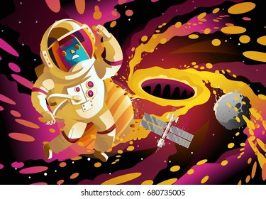 black hole eating planets and an astronaut and spacestation near event horizon