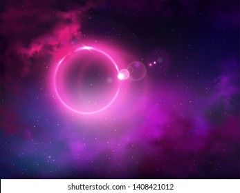 Black hole event horizon outer space view realistic vector abstract background. Light anomaly or eclipse, glowing fluorescent light ring with violet halo in starry night sky with clouds illustration