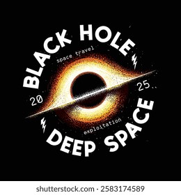 Black hole, event horizon, stars. Original vector illustration in vintage style. T-shirt design. Hand drawn, not AI