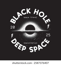 Black hole, event horizon, stars. Original vector illustration in vintage style. T-shirt design. Hand drawn, not AI