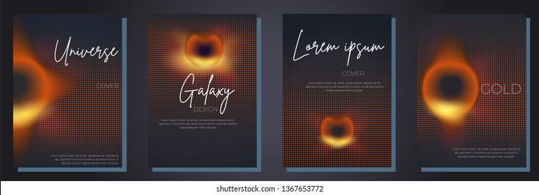 Black hole galaxy futuristic vector cover dark design template set. Abstract mockup with new sci-fi illustration. Easy editable form and color blend. Spacetime exhibiting captured in 2019 background