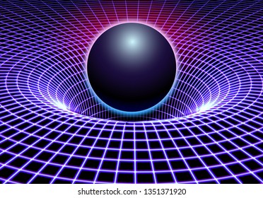 Black Hole Or Gravity Grid With Glowing Ball Or Sun In 80s Synthwave And Retrowave Style