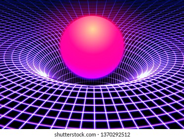 Black Hole Or Gravity Grid With Glowing Ball Or Sun In 80s Synthwave And Retrowave Style