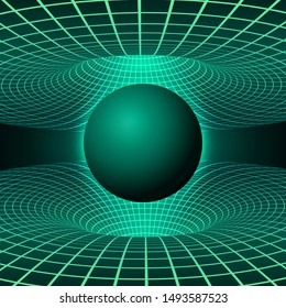 Black hole. Illustration of deformation time and space in green colors. Destruction of matter by black hole. Vector illustration