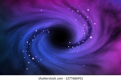 Black hole in outer space. Vortex in cosmos with stars and stardust. Object in universe. Colorful galaxy with planet and milky way. Realistic space. Vector illustration.