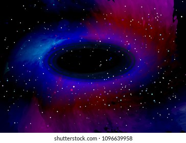 Black hole over star field in outer space. Abstract background of universe and a gas congestion. Spiral galaxy space. Vector nebula, for use with projects on science, research, and education.