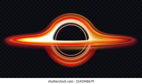 Black hole with red circle light effect vector illustration. Abstract cosmic supernova with bright rings glow, visualization of round vortex wormhole in outer space isolated on dark background