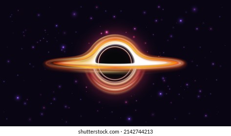 Black hole with singularity in dark space with stars vector illustration. Abstract cosmic explosion in galaxy with vortex circle light effect, magic shine of swirl galactic wormhole background