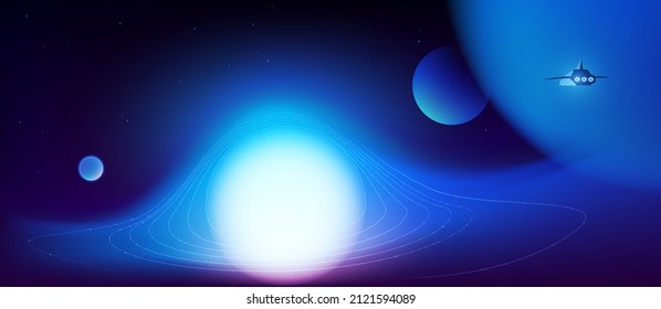 Black hole with singularity, event horizon, planets and spaceship illustration.