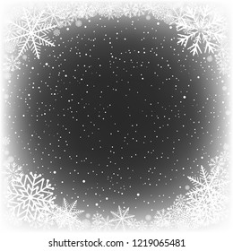 Black Hole Snow Winter Frame Background. Frosty Close-up Wintry Snowflakes. Ice Shape Pattern Template. Christmas Holiday Decoration Backdrop