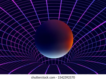 Black hole or solid sphere distorting time and space wireframe. Sci-fi futuristic vector illustration in 80s-90s synthwave and retrowave style.