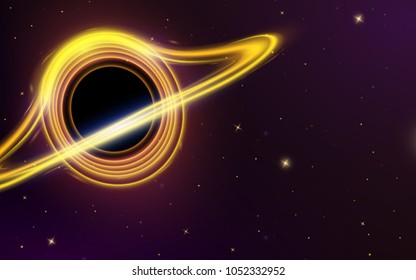 Black hole in space. Planets in solar system. Stars in the dark. Astronomical galaxy for card. Background or Neon Poster for web. Supernova light.