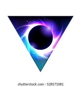 Black hole with starry vortex in triangle shape. Sacred geometry. Abstract astronomical illustration. Tattoo or t-shirt art