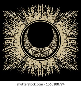 Black Hole Sun and Celtic crescent moon, design. Solar eclipse design, isolated on black, vector illustration