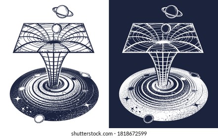 Black hole tattoo and t-shirt design. Symbol of science, astronomy, gravitational waves, curvature of space and time. Wormhole. Surreal art sci-fi concept, vector graphics 