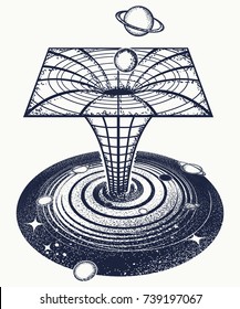 Black hole tattoo and t-shirt design. Symbol of science, astronomy, gravitational waves, curvature of space and time.  Wormhole. Surreal art sci-fi concept 