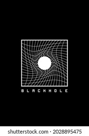 Camiseta y diseño de ropa Black Hole con rejilla distorsionada alrededor del círculo blanco. Ilustración de la estética espacial de los años 80. Impresión en blanco y negro. Ilustración vectorial.