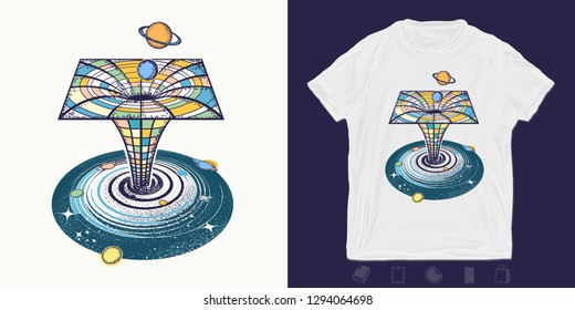 Black hole and Universe. Print for t-shirts and another, trendy apparel design. Symbol of science, astronomy, gravitational waves. Wormhole 