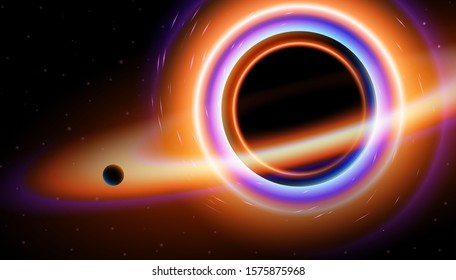 Black hole, vector illustration. Realistic image of space objects. Fiction and fantasy gravity of planets and stars. New discoveries and intergalactic travels.